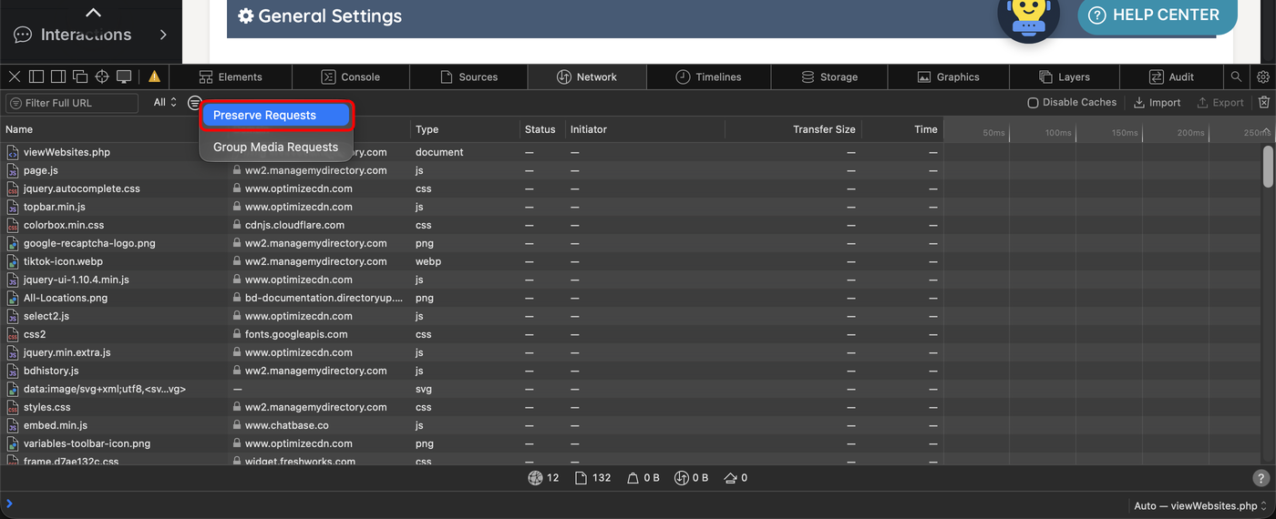 The Safari Network tab filter menu with Preserve Requests highlighted