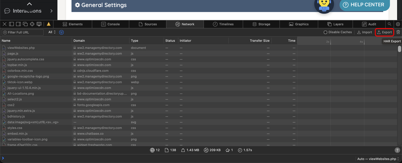 The Export button in the Safari Network toolbar