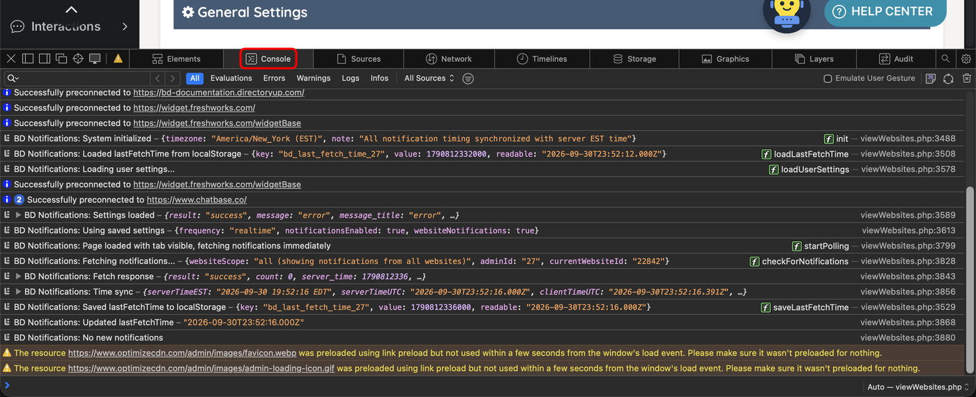 The Safari Console tab showing the messages logged by the page