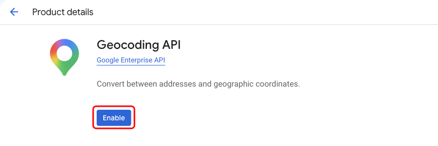 Geocoding API page in Google Cloud with the Enable button highlighted