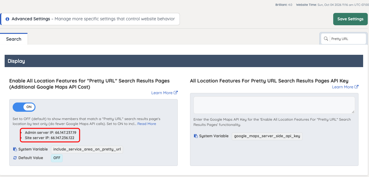 Advanced Settings showing the Admin server IP and Site server IP under the Pretty URL setting