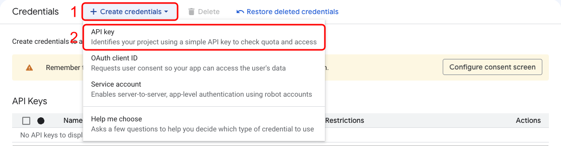 Create credentials menu with the API key option highlighted