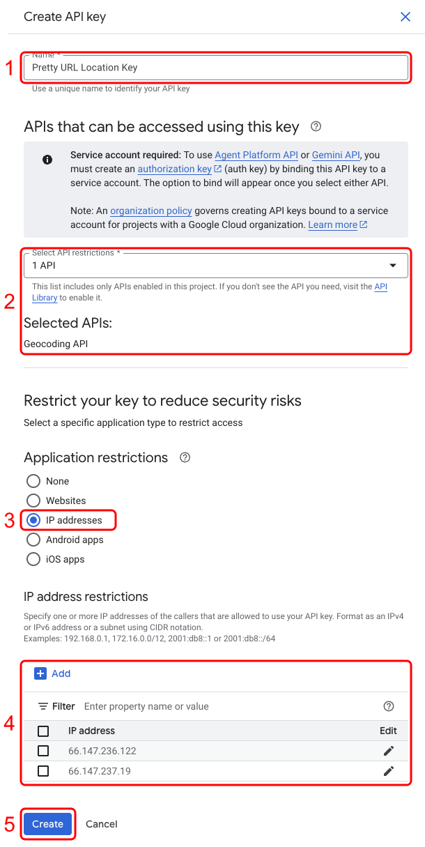 Create API key panel with the name, Geocoding API restriction, IP addresses restriction and both server IPs filled in