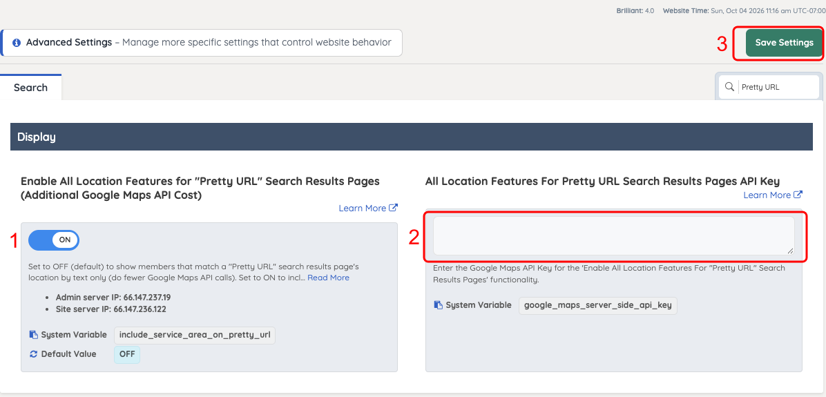 Advanced Settings with the Pretty URL setting turned on, the API key field and the Save Settings button numbered