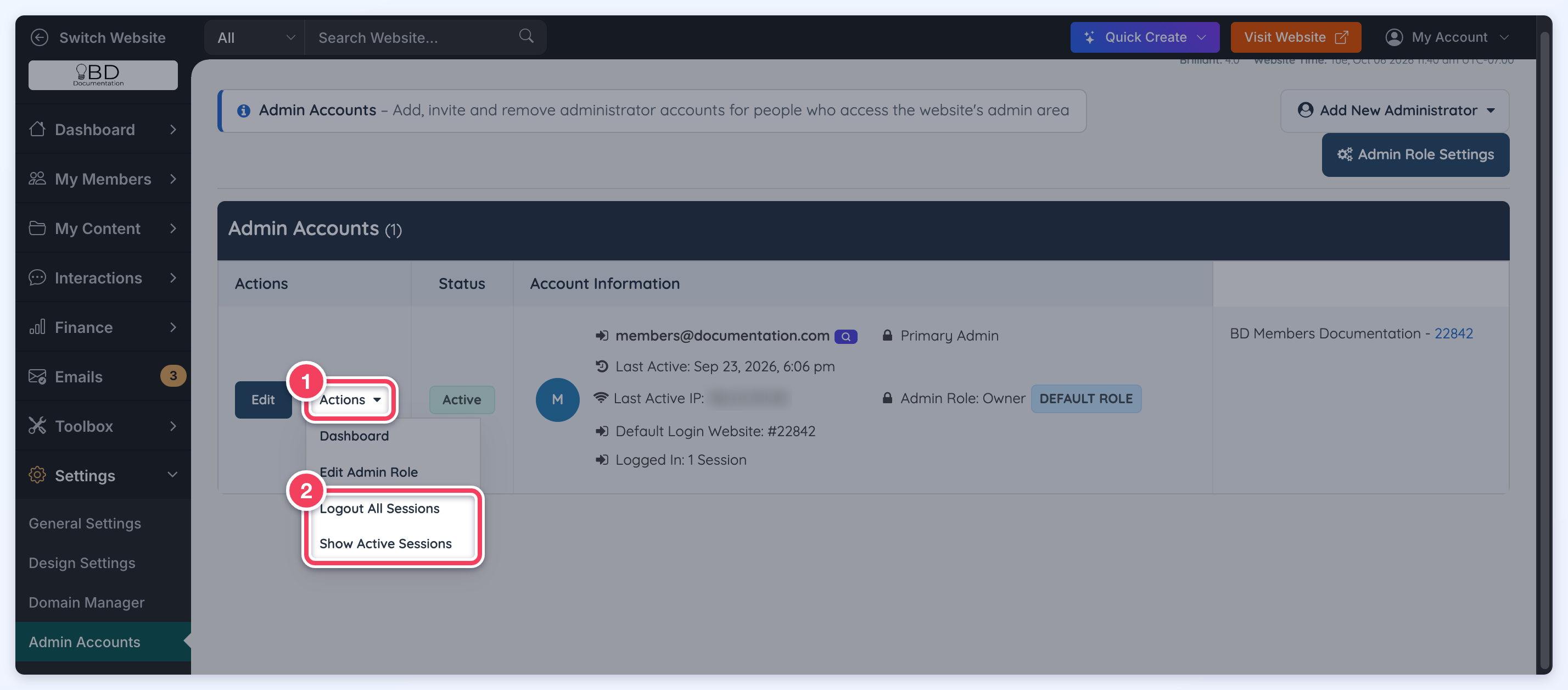 Admin Accounts row with the Actions dropdown open, showing Logout All Sessions and Show Active Sessions at the bottom.