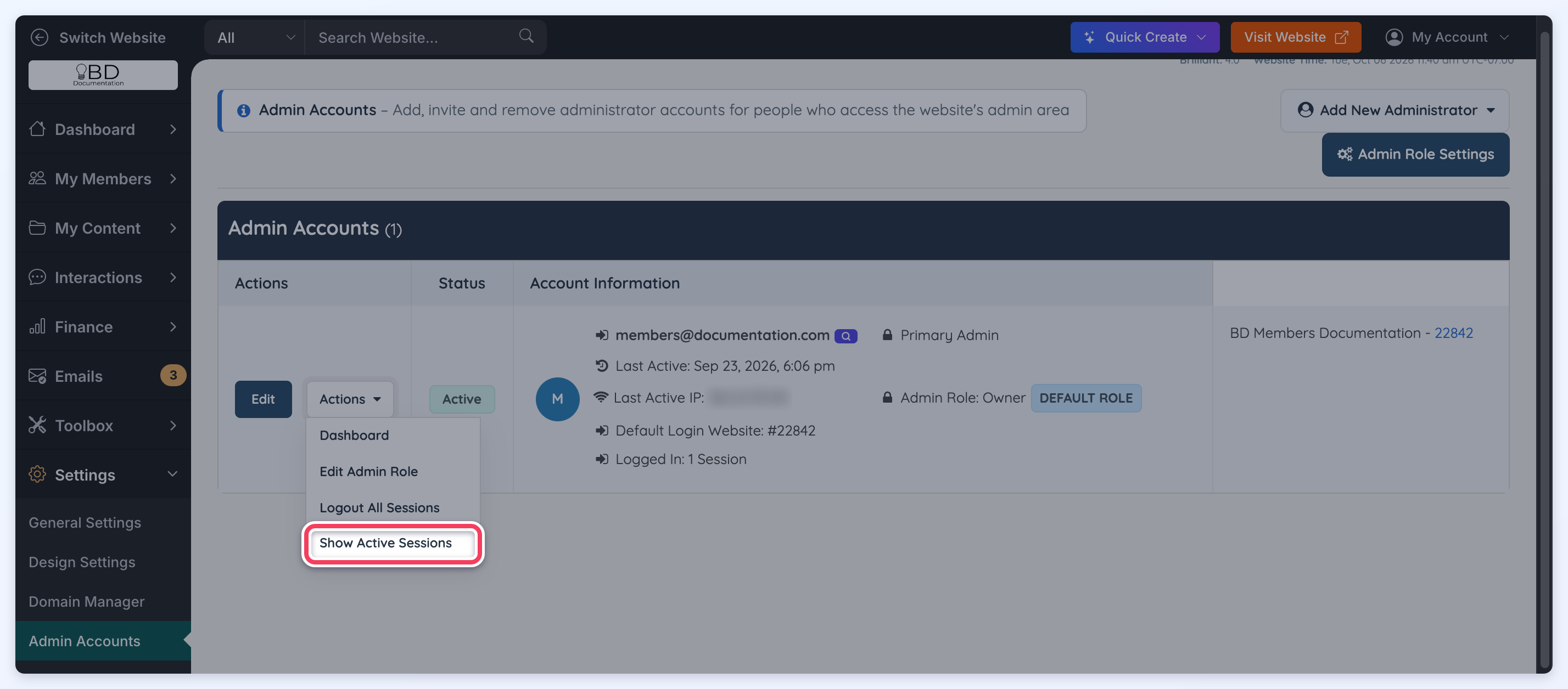 Admin Accounts row with the Actions dropdown open and Show Active Sessions highlighted at the bottom of the menu.