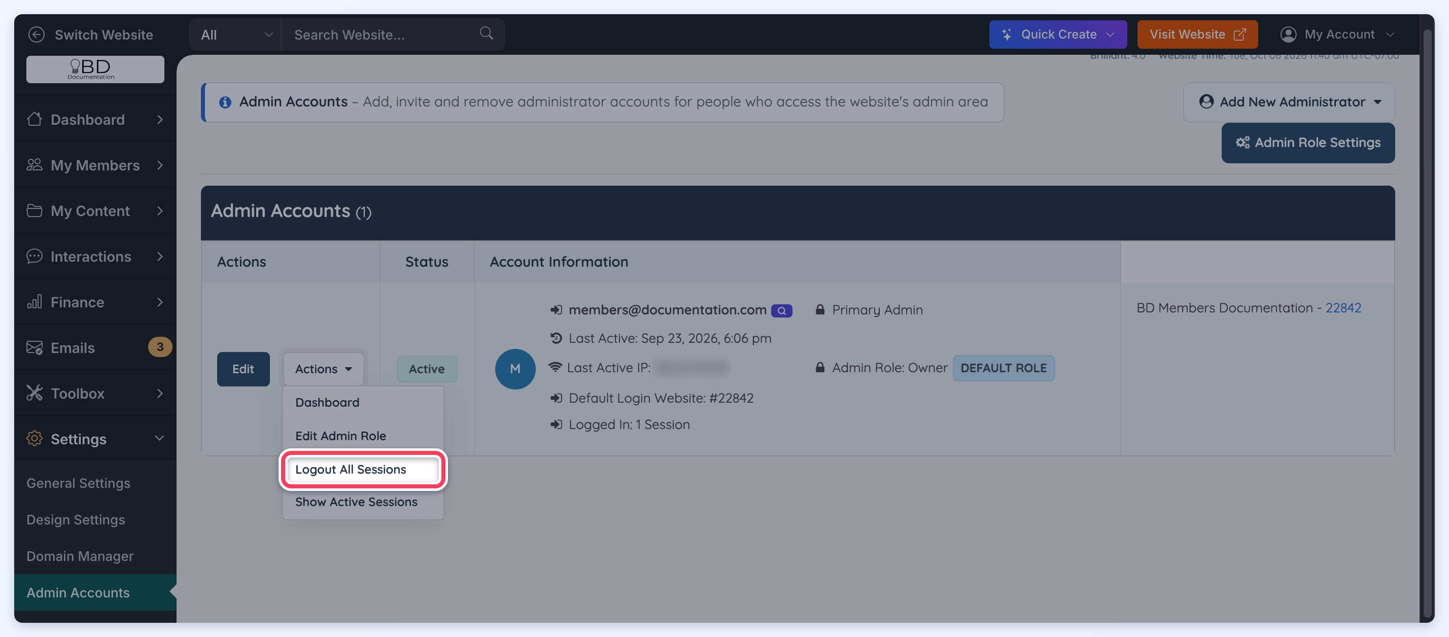 Admin Accounts row with the Actions dropdown open and Logout All Sessions highlighted in the menu.