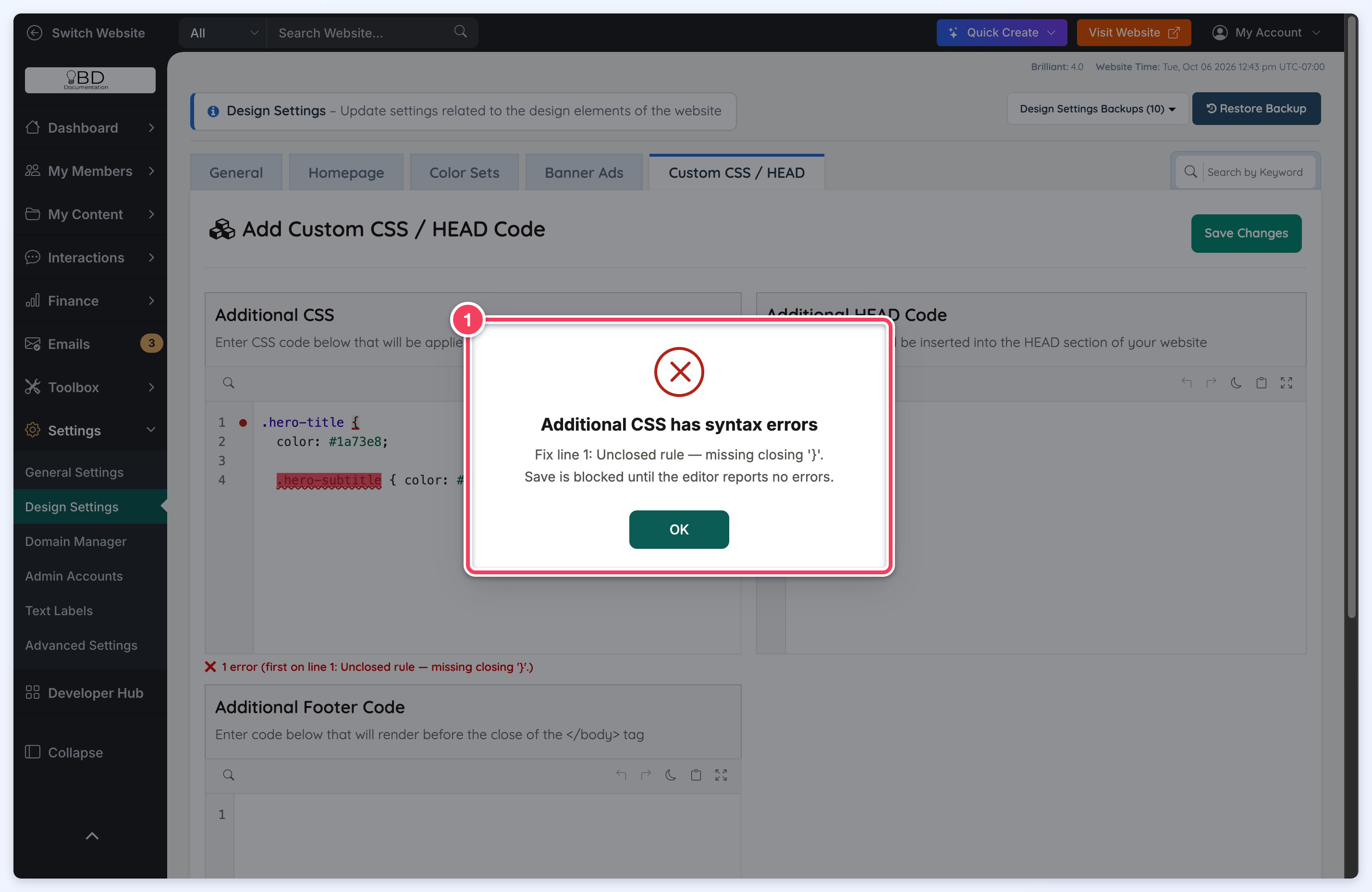 Popup titled Additional CSS has syntax errors, saying to fix line 1 and that Save is blocked until the editor reports no errors.
