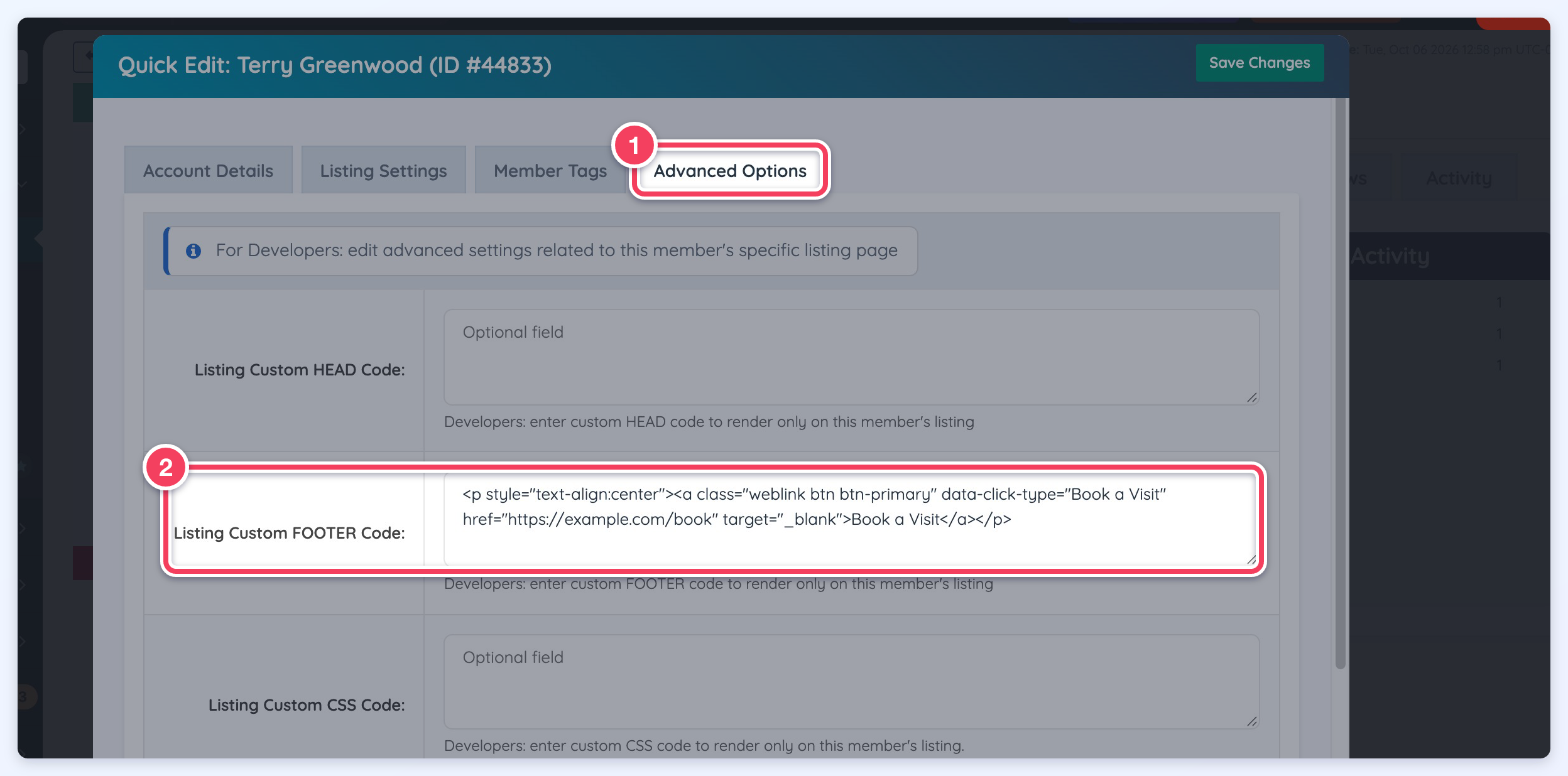 Quick Edit window on the Advanced Options tab with a Book a Visit link pasted into the Listing Custom FOOTER Code field.