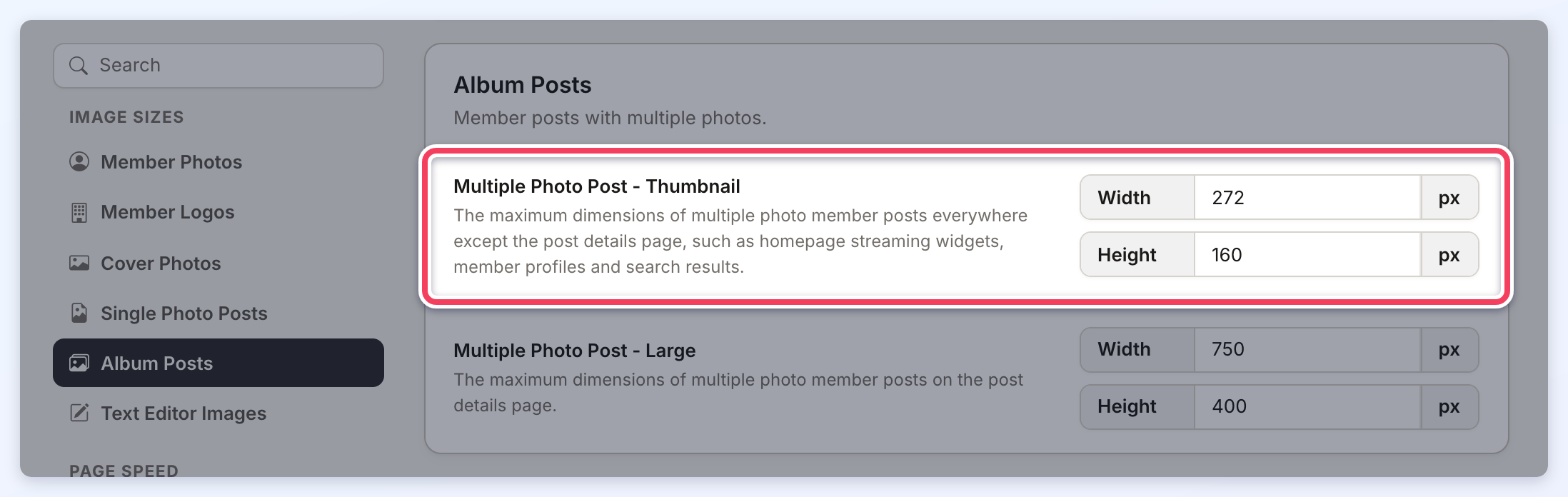 Album Posts section with the Multiple Photo Post Thumbnail width and height settings highlighted.
