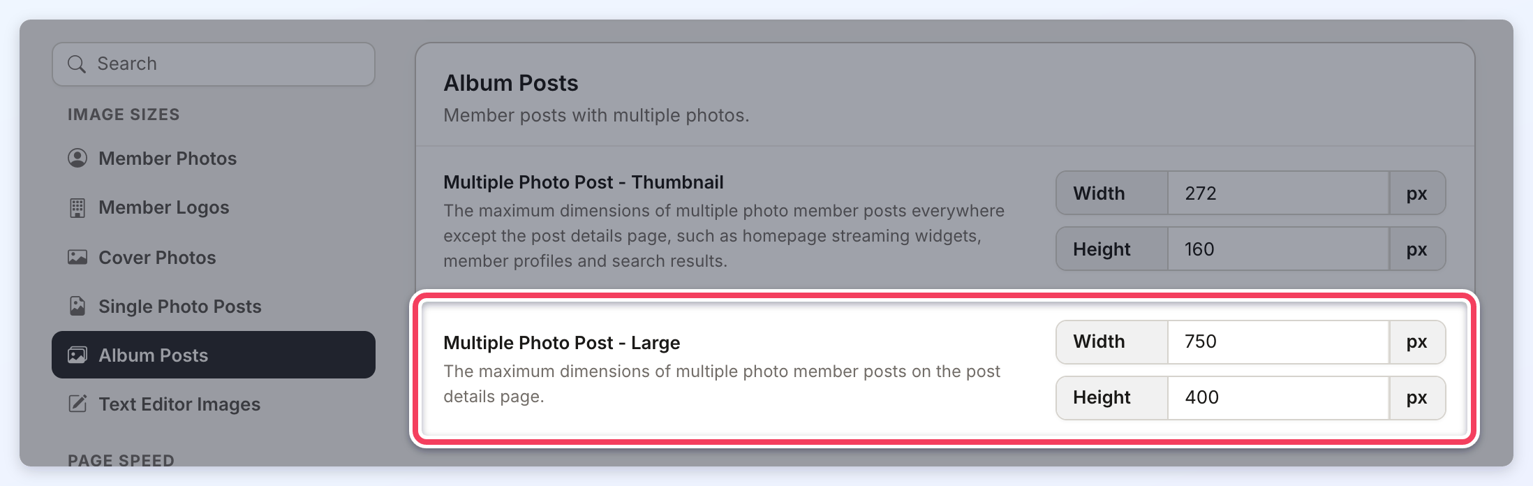 Album Posts section with the Multiple Photo Post Large width and height settings highlighted.