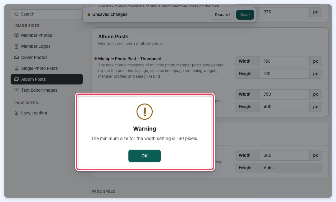 Warning popup saying the minimum size for the width setting is 160 pixels, with an Unsaved changes bar above.