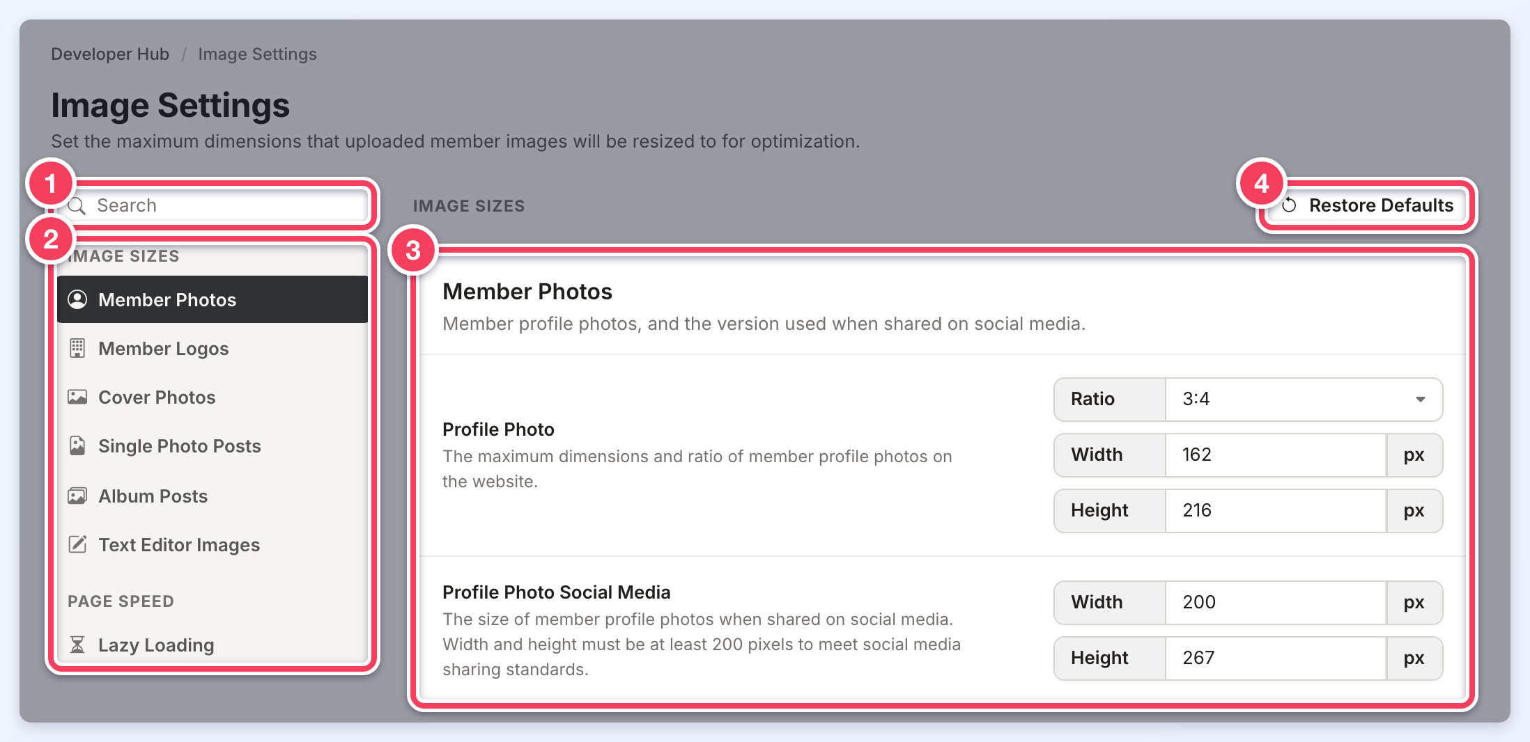 Image Settings page with the search box (1), the section side menu (2), the settings panel (3) and Restore Defaults (4) marked.