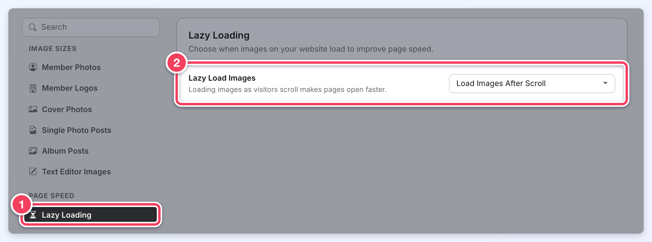 Lazy Loading selected under Page Speed (1) with the Lazy Load Images menu set to Load Images After Scroll (2).