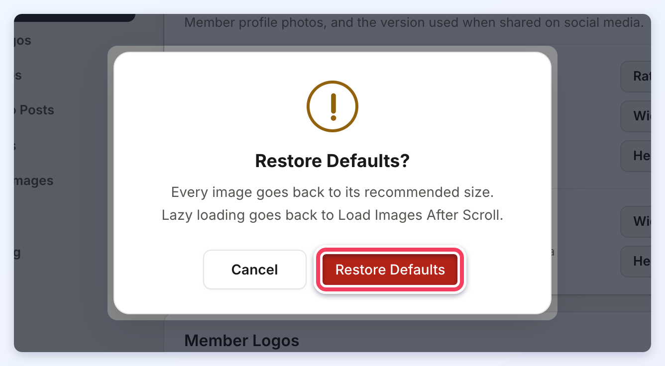 Restore Defaults confirmation popup with Cancel and a red Restore Defaults button highlighted.