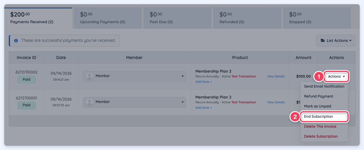 Actions menu on a Transaction History invoice with End Subscription highlighted
