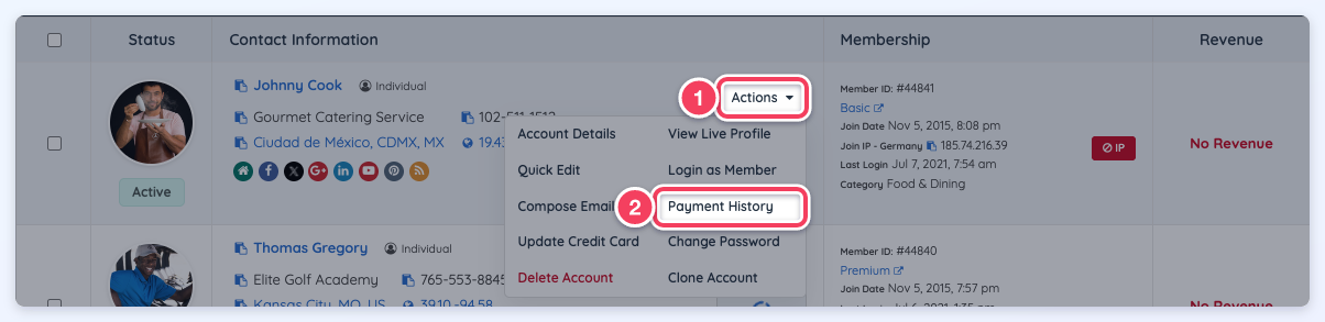 Search Members Actions menu with Payment History highlighted