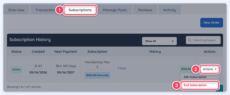 Member Payment History Subscriptions tab with the Actions menu and End Subscription highlighted