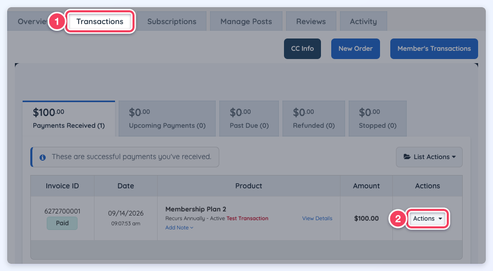 Member Payment History Transactions tab with the invoice Actions button highlighted