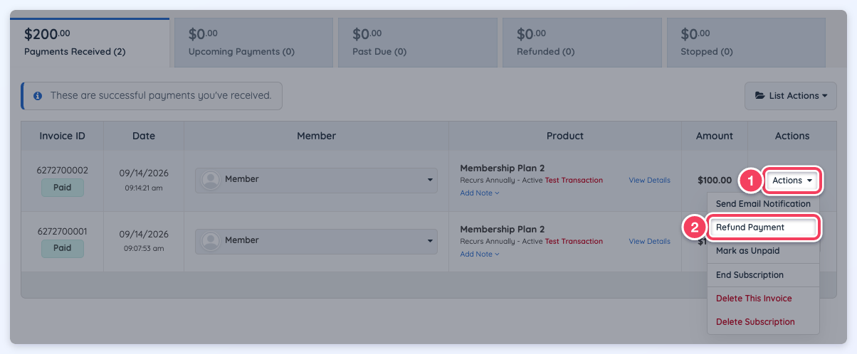 Invoice Actions menu with Refund Payment highlighted