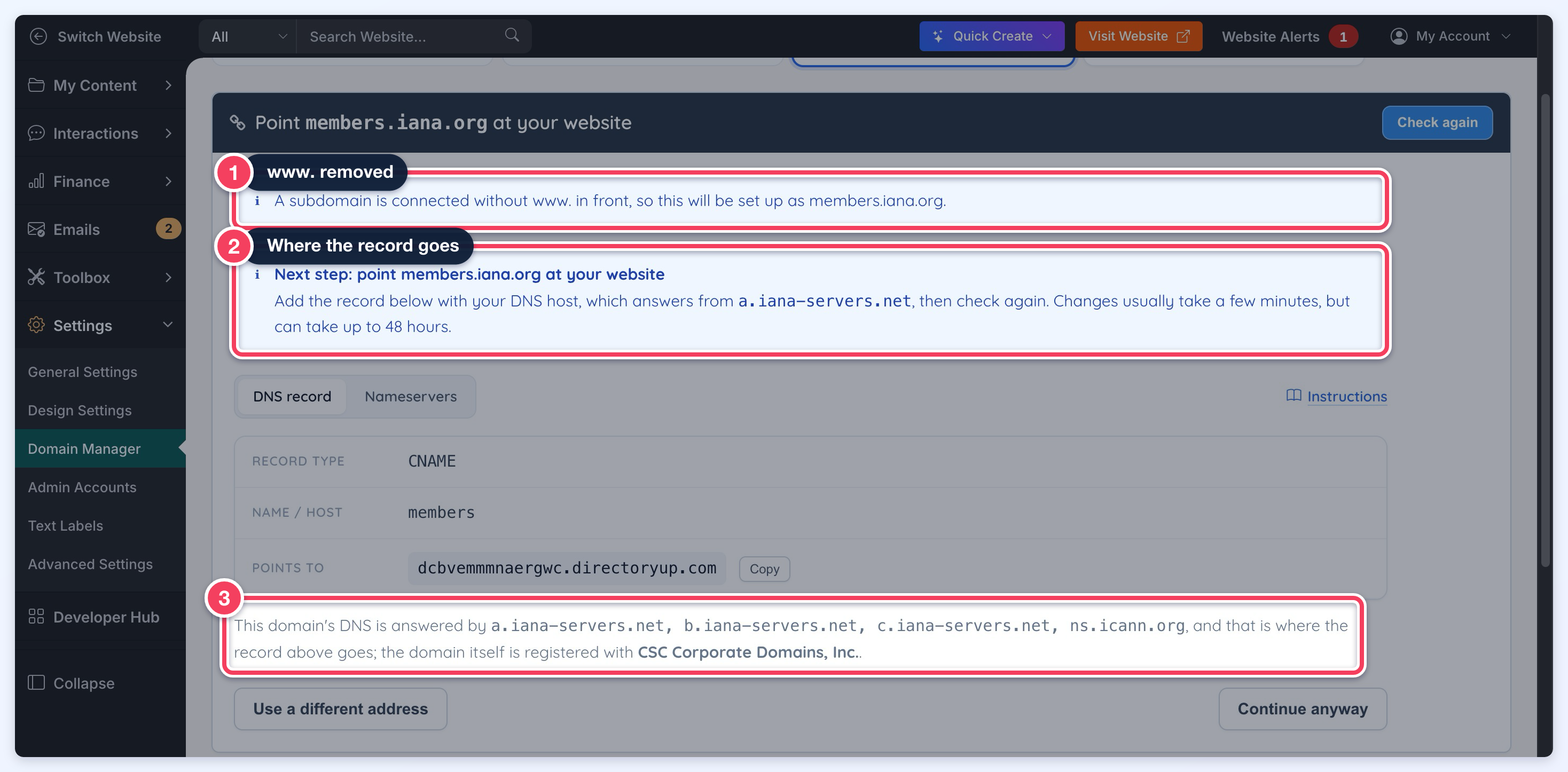 Point Domain step showing the CNAME record to add, the www removed note (1), where the record goes (2) and the DNS host (3).