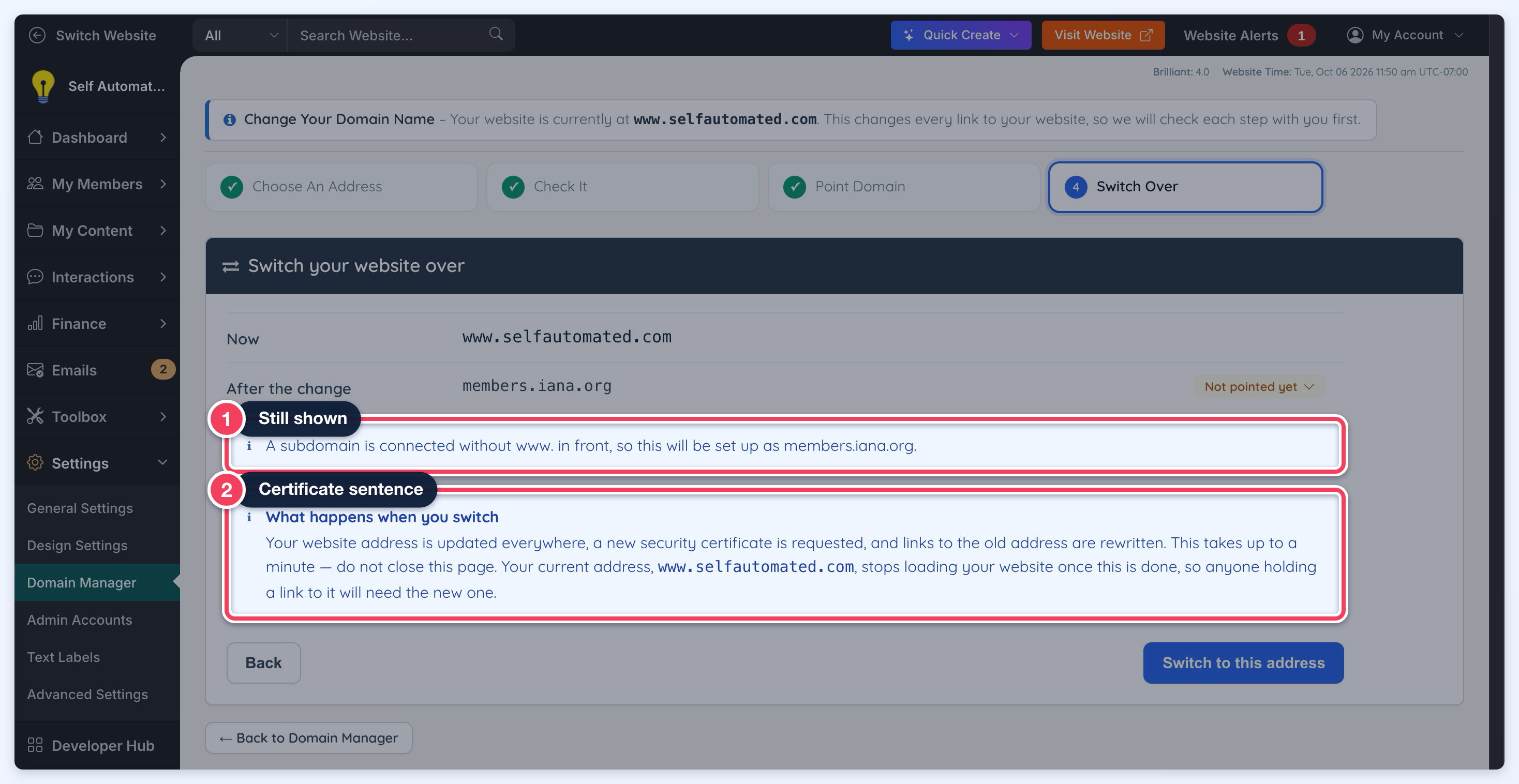 Switch Over step with the address that stays shown (1) and the note explaining the new certificate and old address (2).
