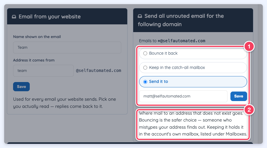 Card for unrouted email with Bounce it back, Keep in the catch-all mailbox and Send it to options (1) and an explanation below (2).
