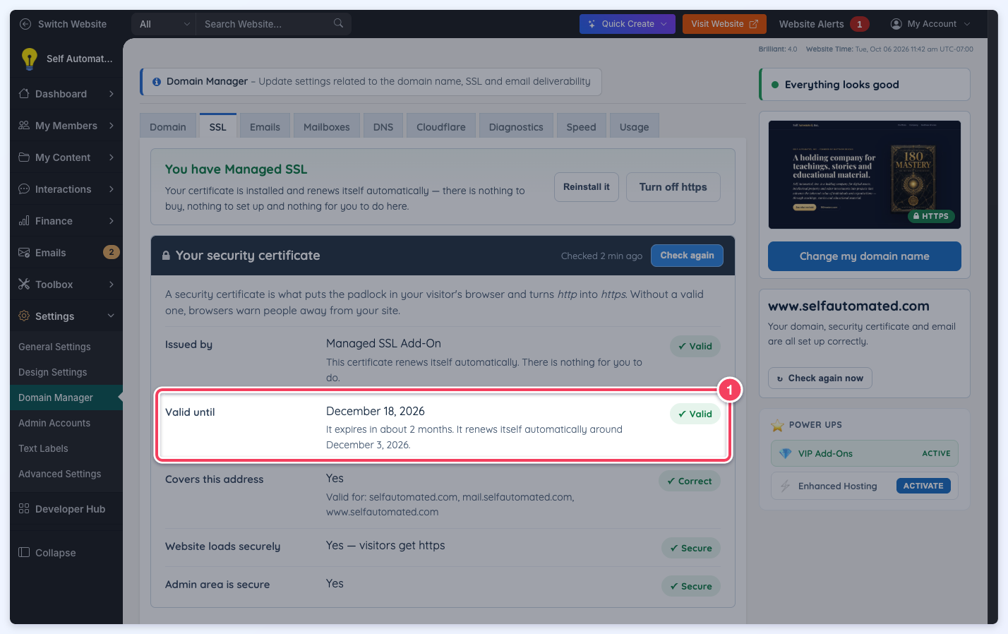 Domain Manager SSL tab with the Valid until row highlighted, showing the expiry date and the expected automatic renewal date.