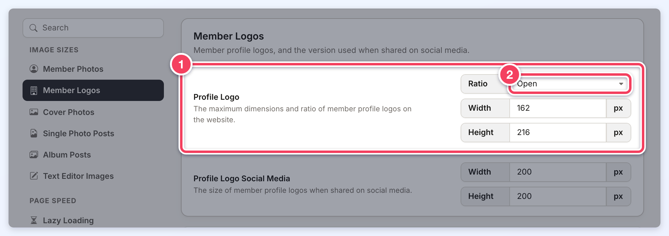 Member Logos section with the Profile Logo settings highlighted (1) and its Ratio menu set to Open (2).