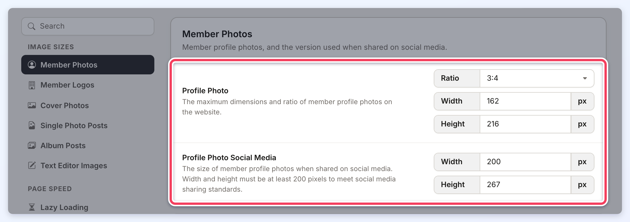 Member Photos section with the Profile Photo and Profile Photo Social Media settings highlighted, including the 3:4 ratio.