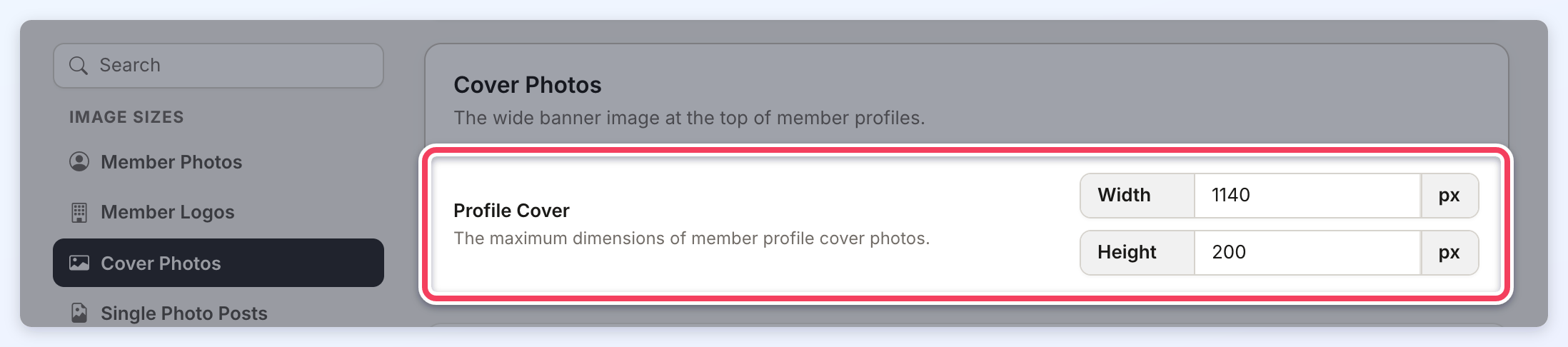 Cover Photos section with the Profile Cover width and height settings highlighted.