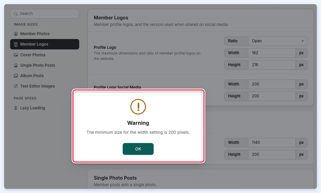 Warning popup saying the minimum size for the width setting is 200 pixels, shown over the Member Logos section.