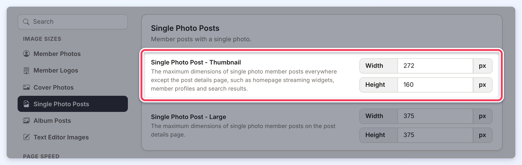 Single Photo Posts section with the Single Photo Post Thumbnail width and height settings highlighted.
