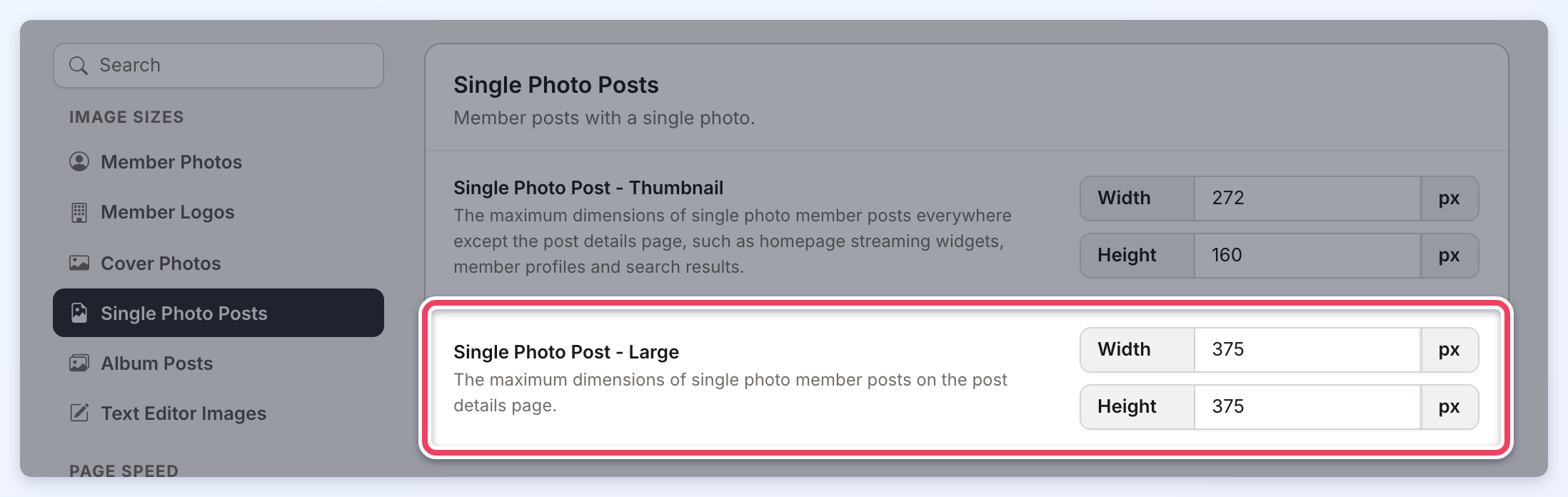 Single Photo Posts section with the Single Photo Post Large width and height settings highlighted.