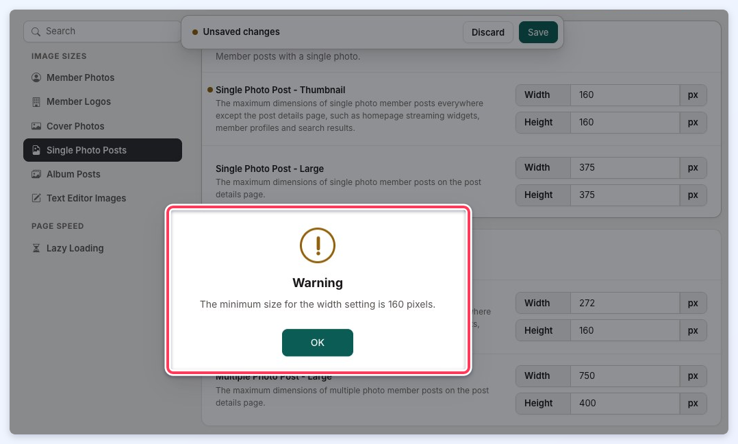 Warning popup saying the minimum size for the width setting is 160 pixels, with an Unsaved changes bar above.