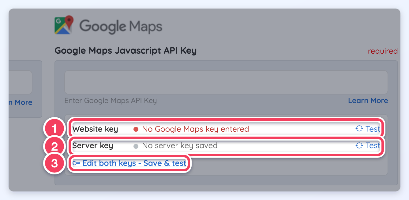 The Integrations tab's Google Maps key tester, with numbered Website key and Server key result rows and the Edit both keys link.