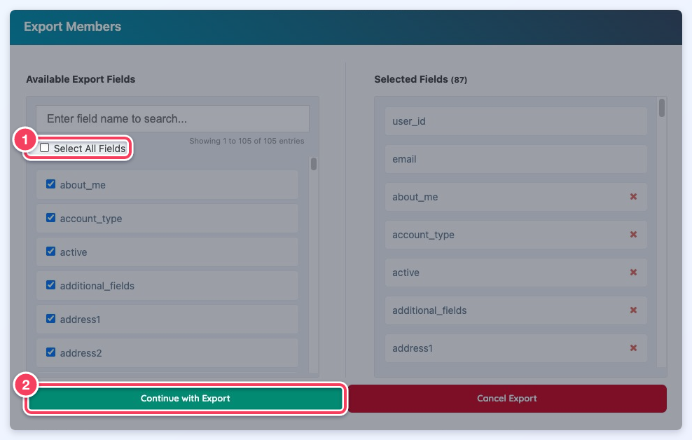 Export Members window with Select All Fields and Continue with Export marked