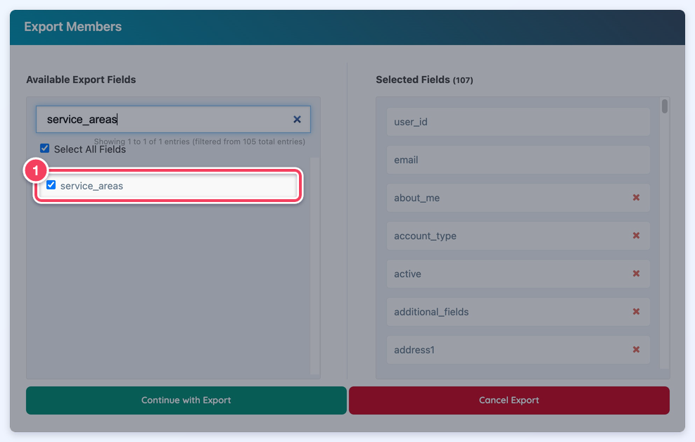 service_areas field in the Export Members window