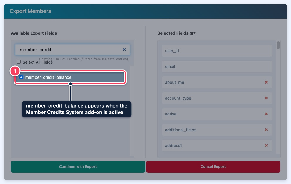 member_credit_balance field in the Export Members window