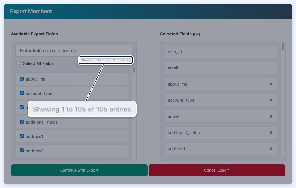 Export Members window with the number of available fields magnified