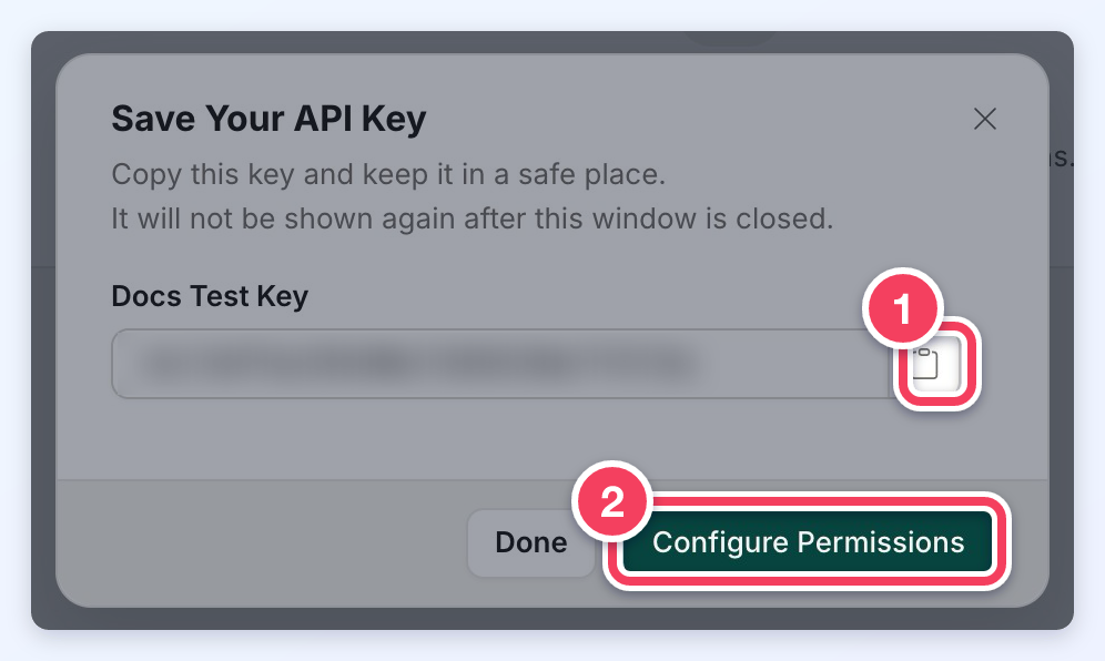 Save Your API Key window with the copy button beside the blurred key (1) and the Configure Permissions button (2).