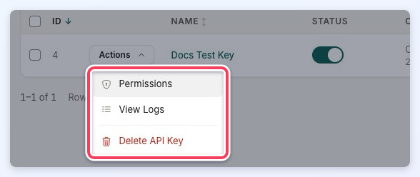 Actions menu open on an API key row, listing Permissions, View Logs and Delete API Key.