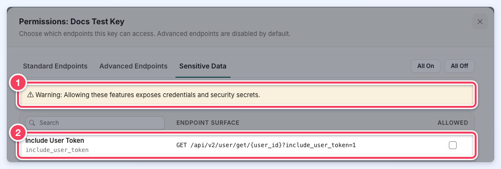 Sensitive Data tab with a warning that these features expose credentials (1) and the unchecked Include User Token row (2).