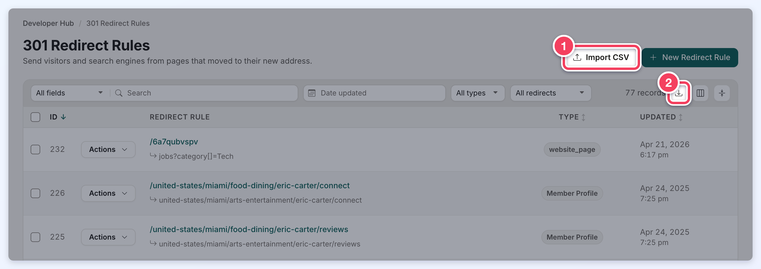301 Redirect Rules page with the Import CSV button (1) and the download icon for exporting the shown redirects as CSV (2).