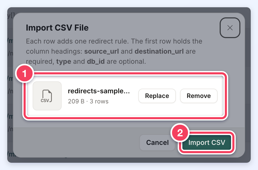 Import CSV File dialog showing the chosen file with its size and row count (1) and the Import CSV button (2).