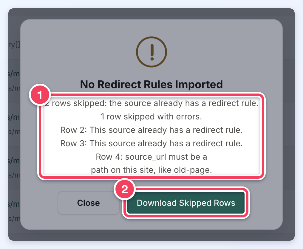No Redirect Rules Imported report listing skipped rows and their reasons (1) with a Download Skipped Rows button (2).