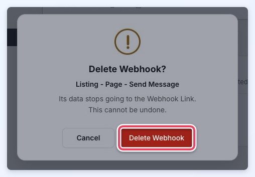 Delete Webhook confirmation popup naming the webhook and warning it cannot be undone, with Delete Webhook highlighted.