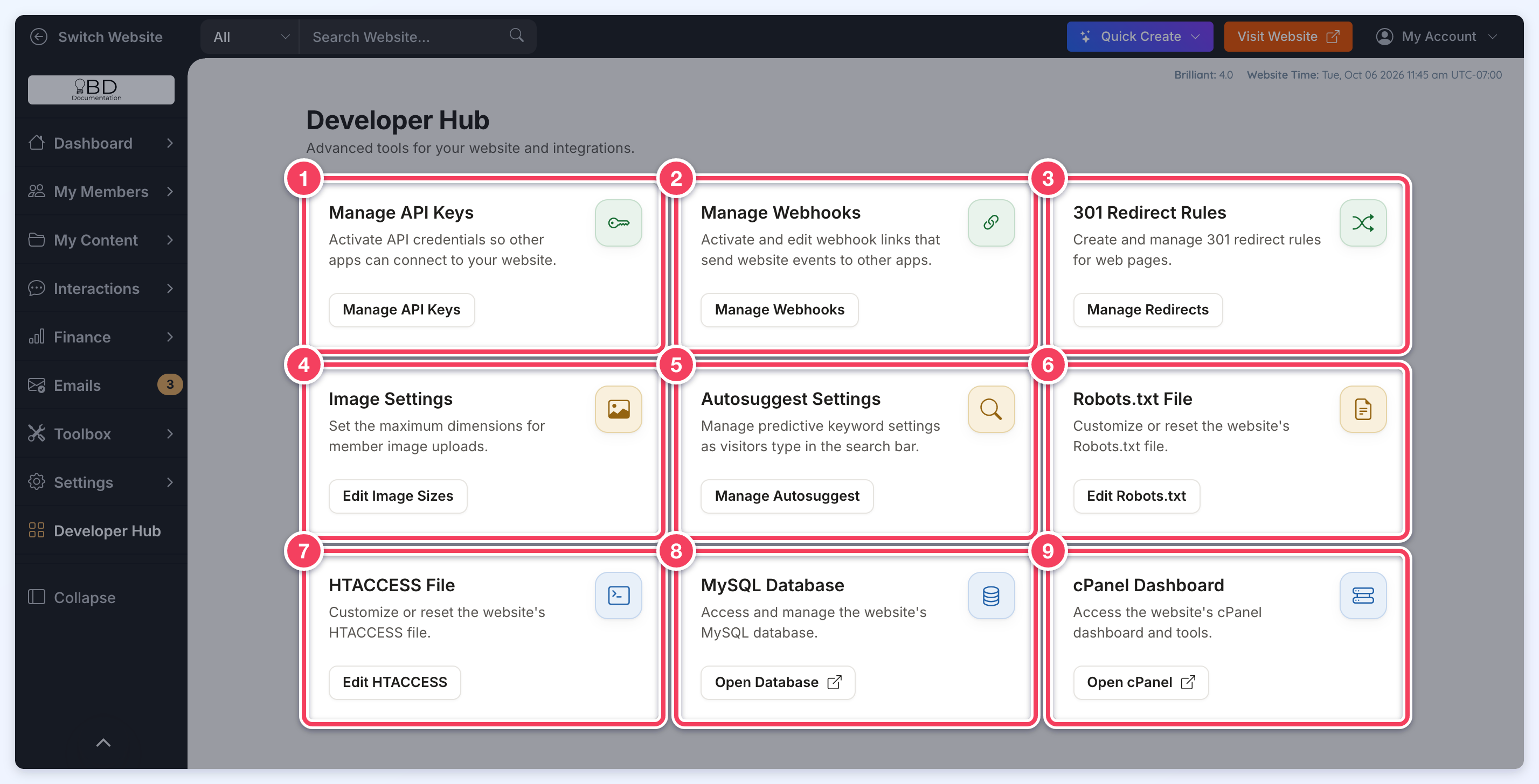 Developer Hub with nine numbered tool cards, from Manage API Keys and Manage Webhooks to Open Database and Open cPanel.