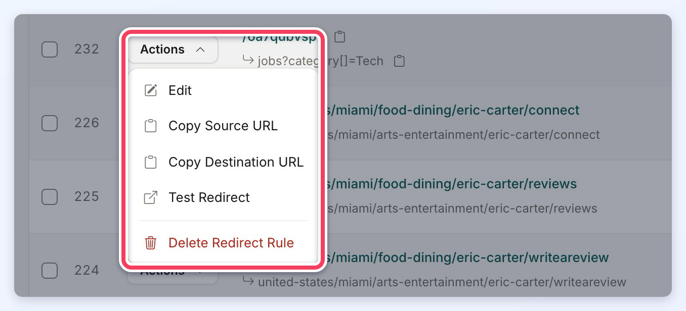 Actions menu for a redirect row listing Edit, Copy Source URL, Copy Destination URL, Test Redirect and Delete Redirect Rule.