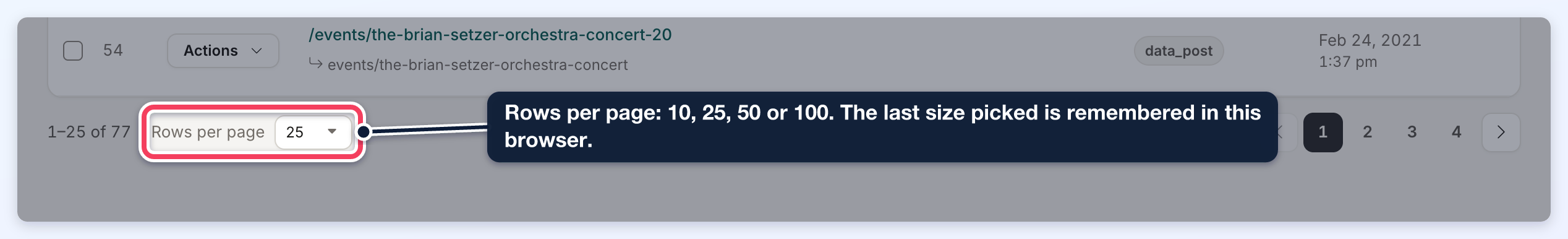 Bottom of the redirects table with the Rows per page menu highlighted and a callout listing 10, 25, 50 or 100 rows.